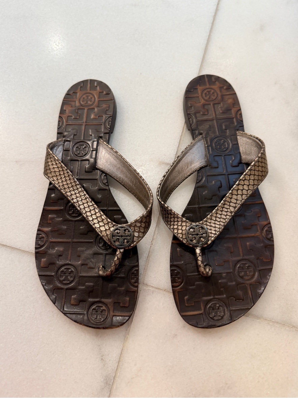 Tory Burch Metallic Snake-Embossed Flip Flops in Bronze and Brown